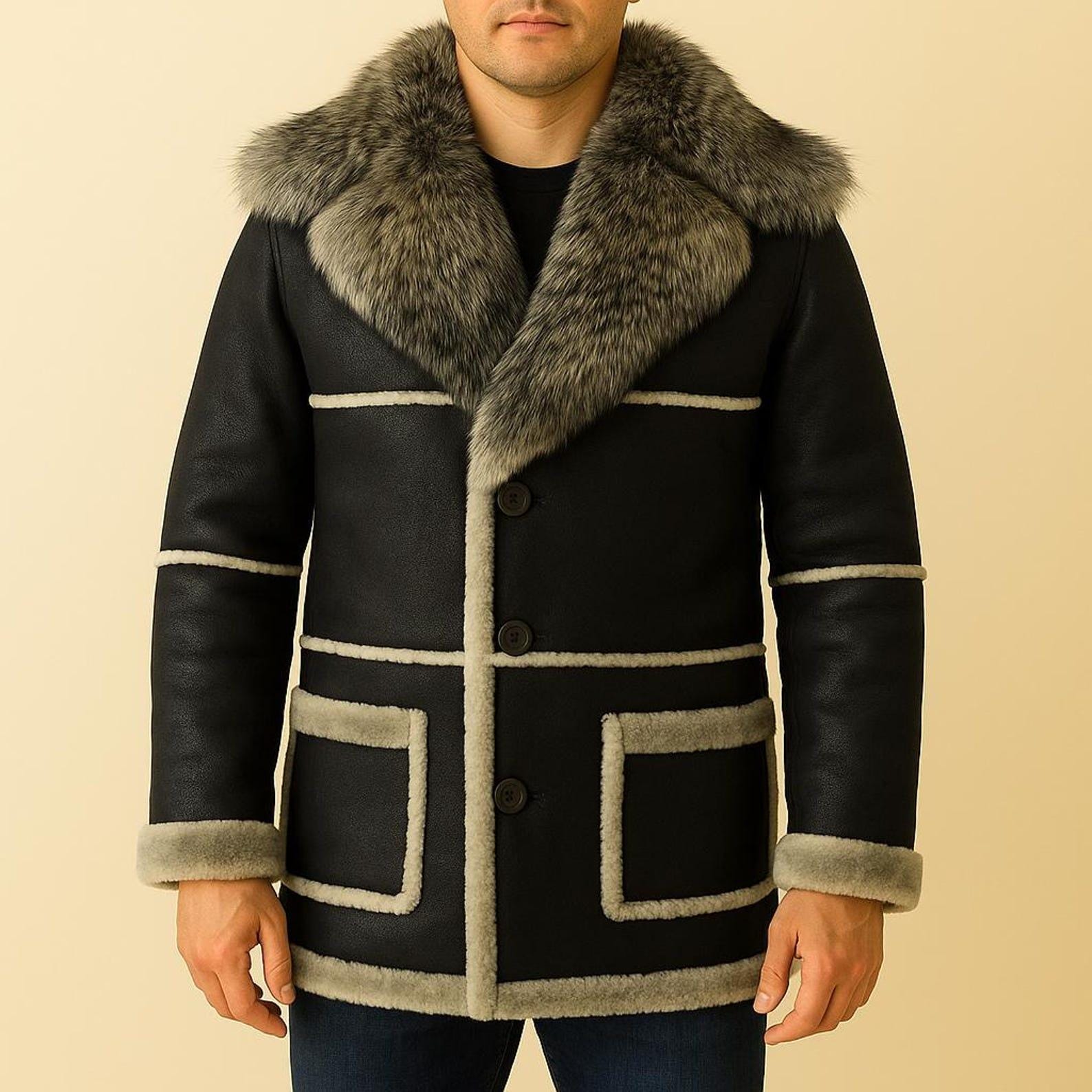 Vintage Shearling Sheepskin Coat: Fox Fur Collar, Handmade Leather Jacket