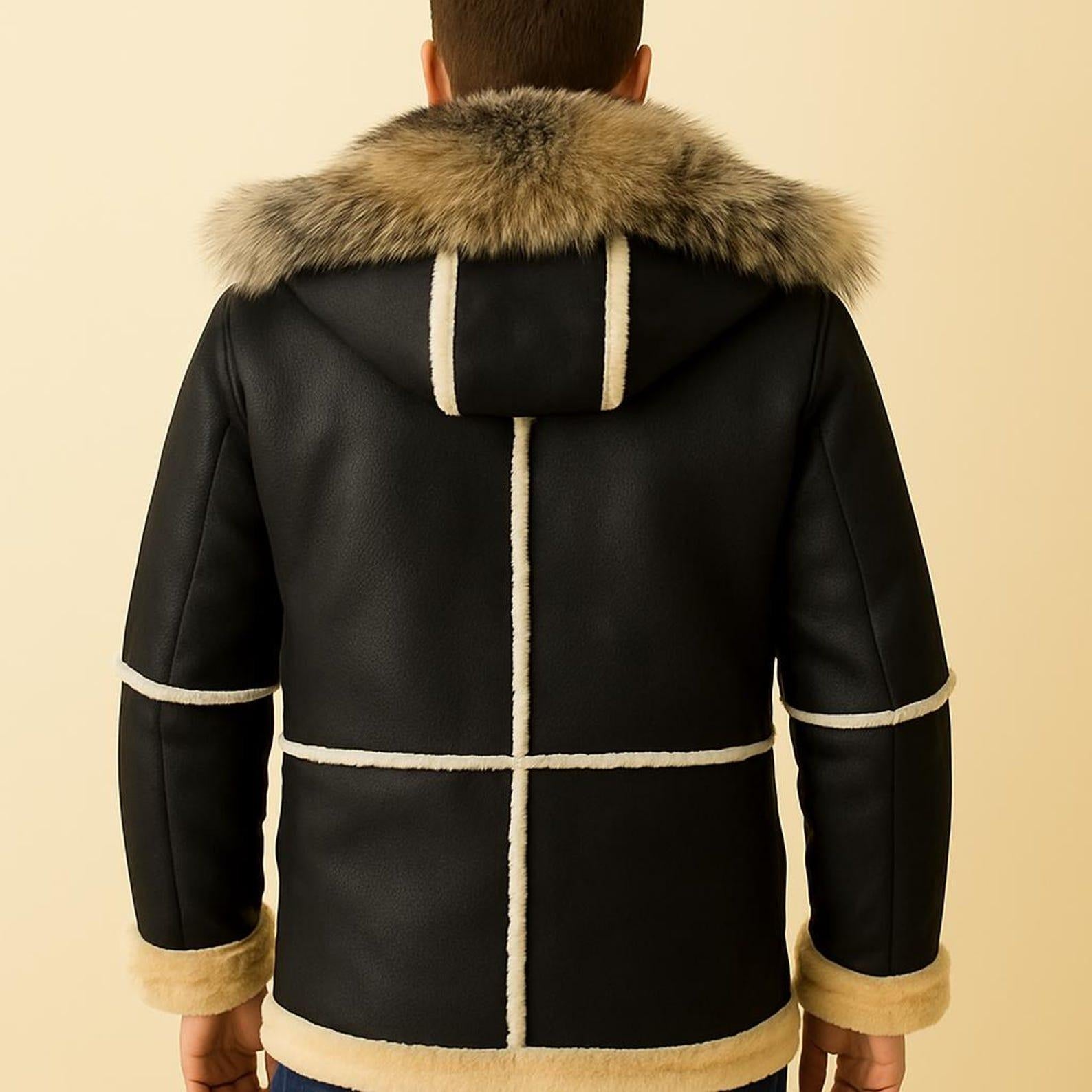 Vintage Shearling Sheepskin Coat: Fox Fur Collar, Handmade Leather Jacket