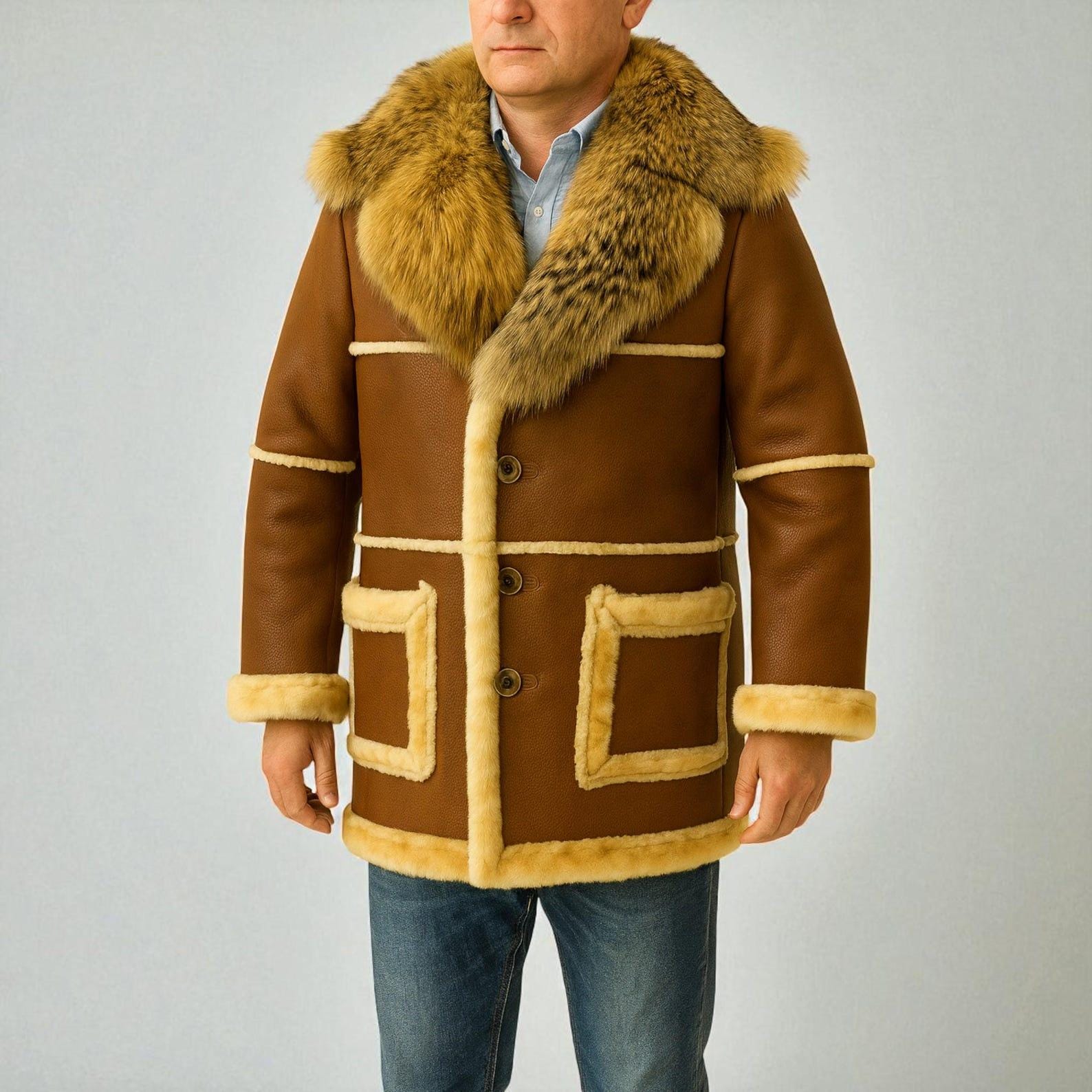 Vintage Shearling Sheepskin Coat: Fox Fur Collar, Handmade Leather Jacket