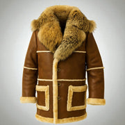 Vintage Shearling Sheepskin Coat: Fox Fur Collar, Handmade Leather Jacket