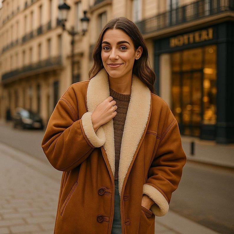 Vintage Shearling Sheepskin Coat: Fox Fur Collar, Women's Rustic Leather Jacket