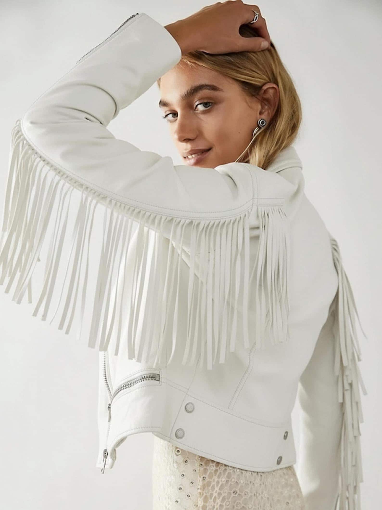 White Fringe Leather Jacket: Western Boho Festival Style
