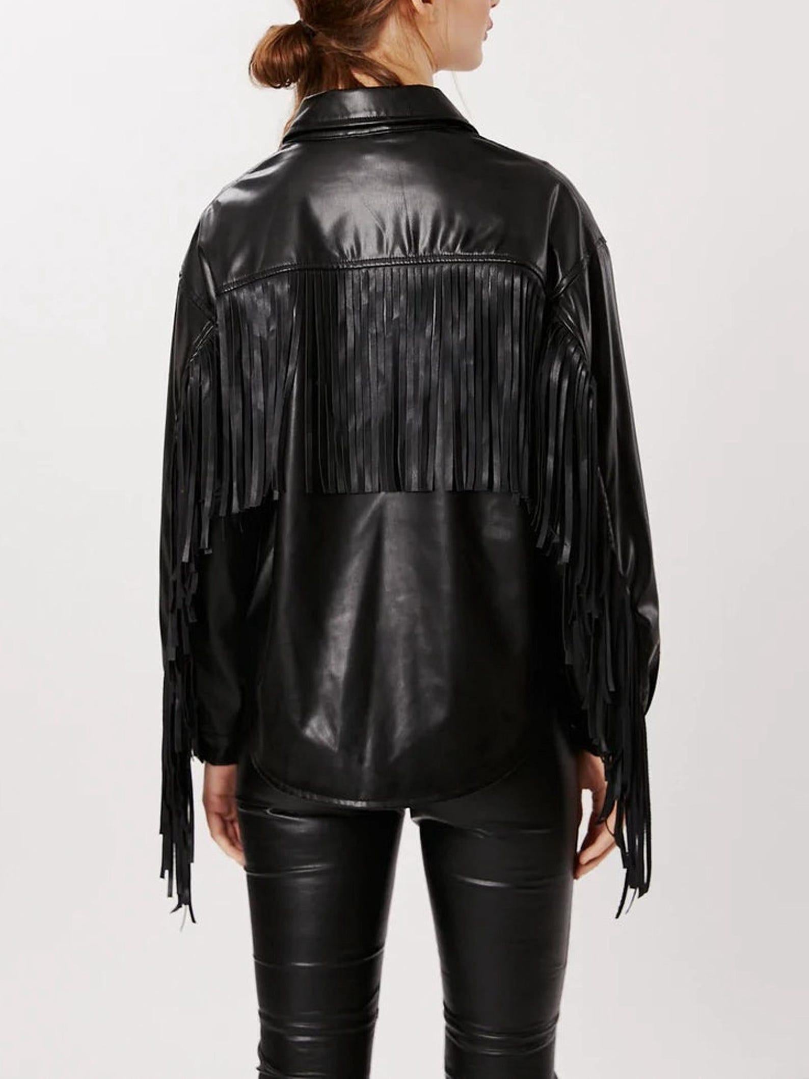 Black Fringe Leather Jacket: Western Cowgirl Boho Festival Style