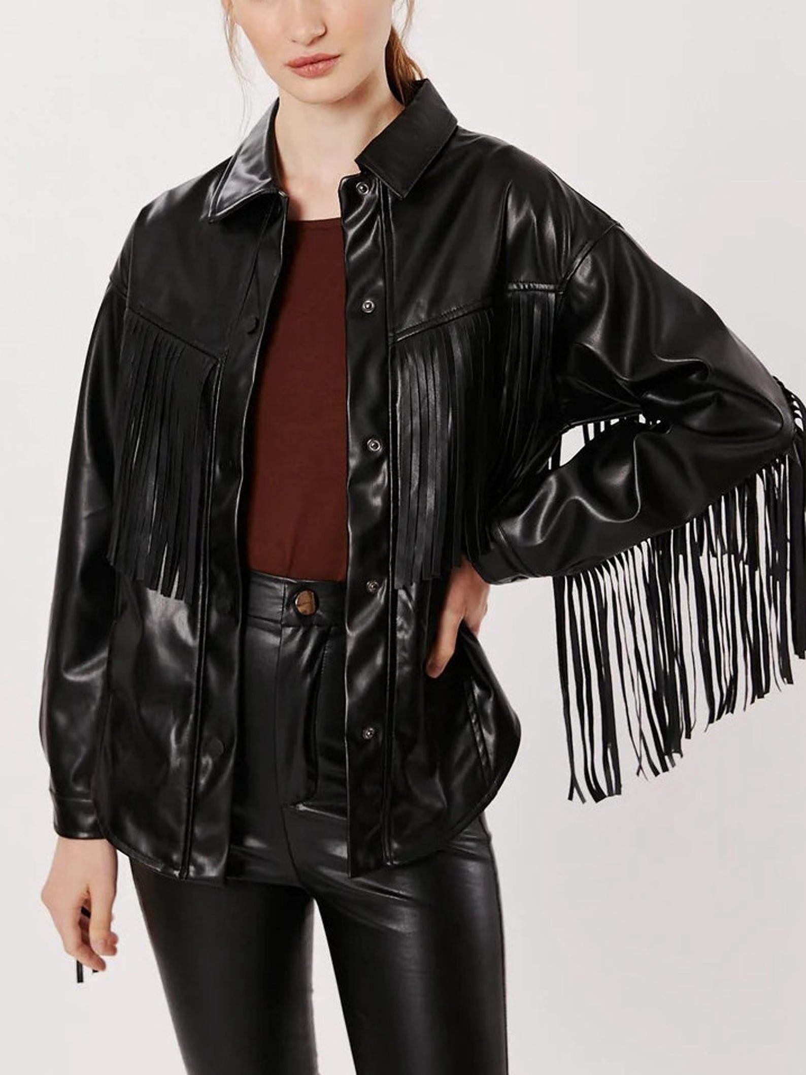 Black Fringe Leather Jacket: Western Cowgirl Boho Festival Style