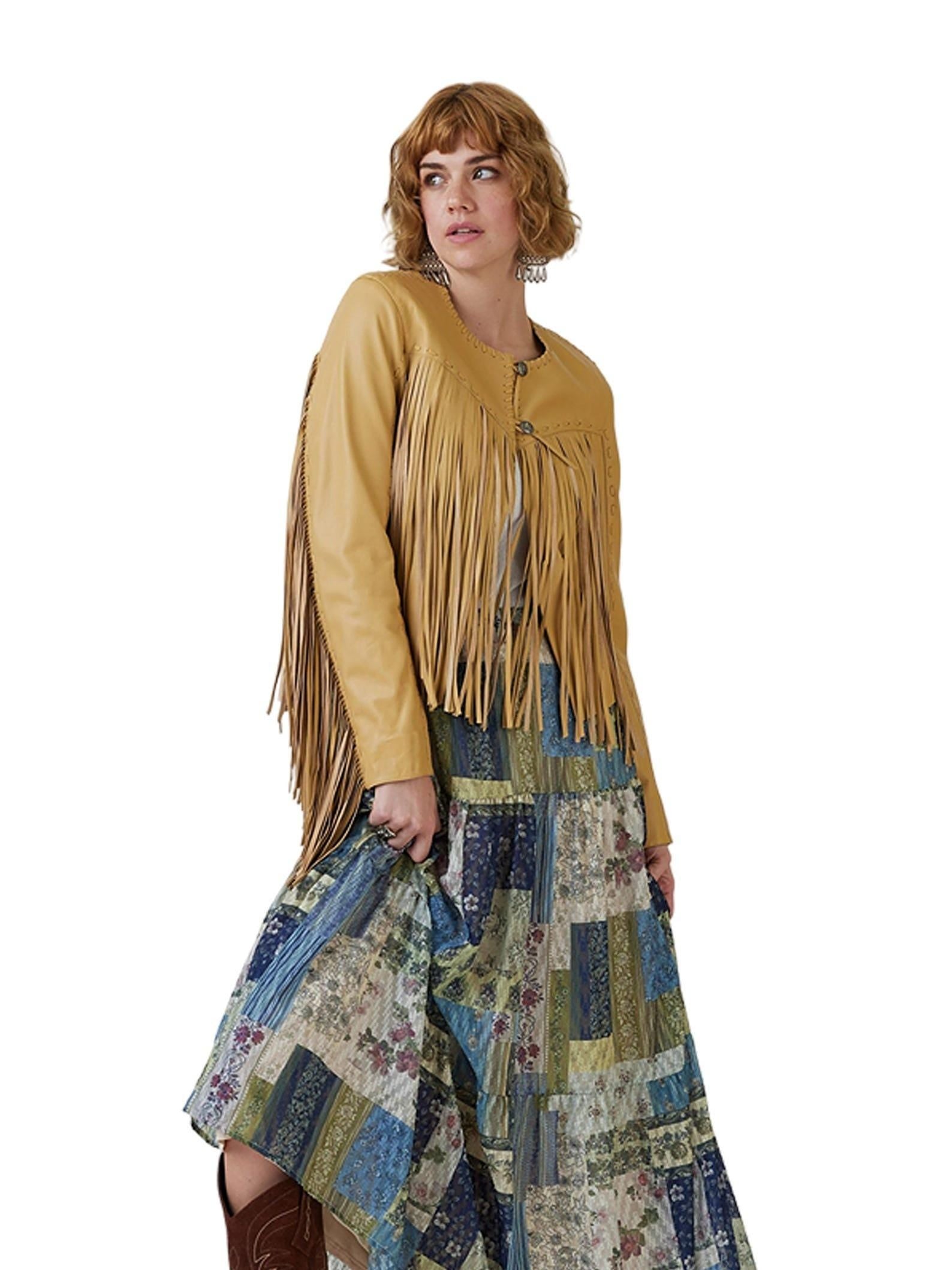 Yellow Fringe Leather Jacket: Women's Western Boho Festival Outfit