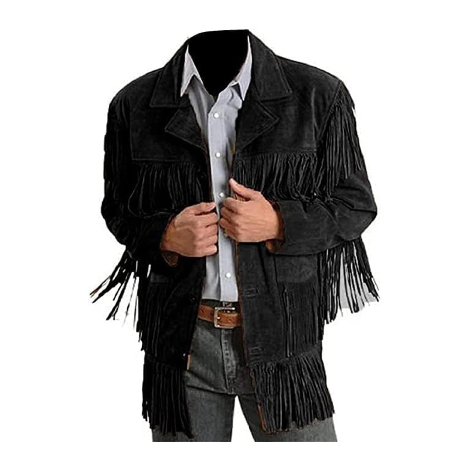 Black Suede Fringe Jacket: Men's Western Boho Festival Style