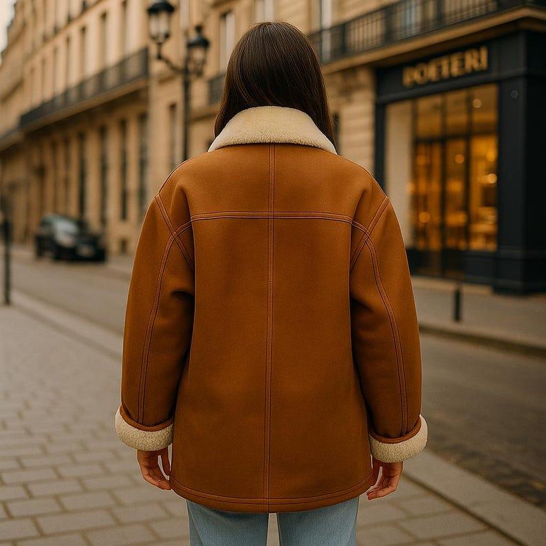 Vintage Shearling Sheepskin Coat: Fox Fur Collar, Women's Rustic Leather Jacket