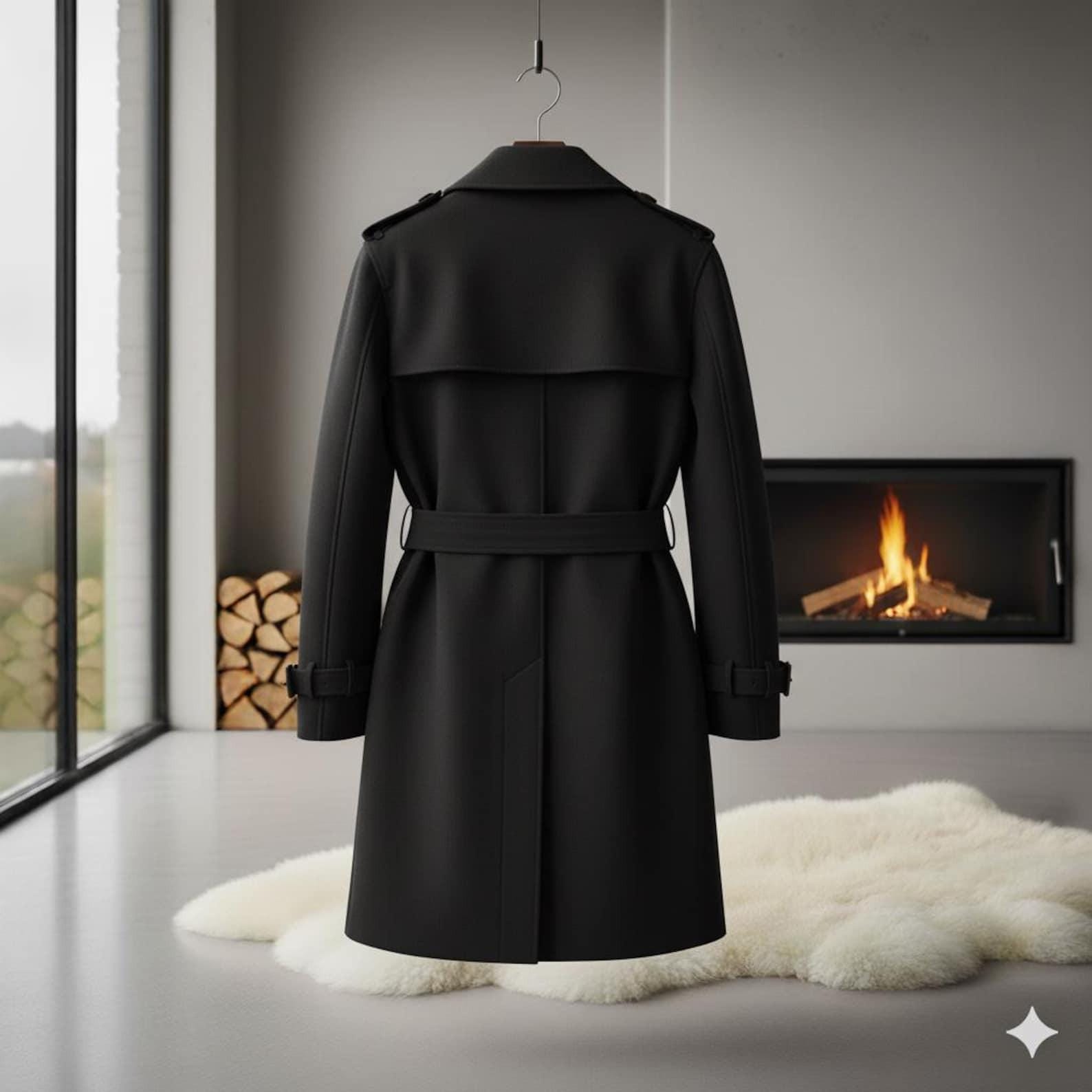 Vintage Style Black Suede Trench Coat  Long Belted Suede Overcoat for Women