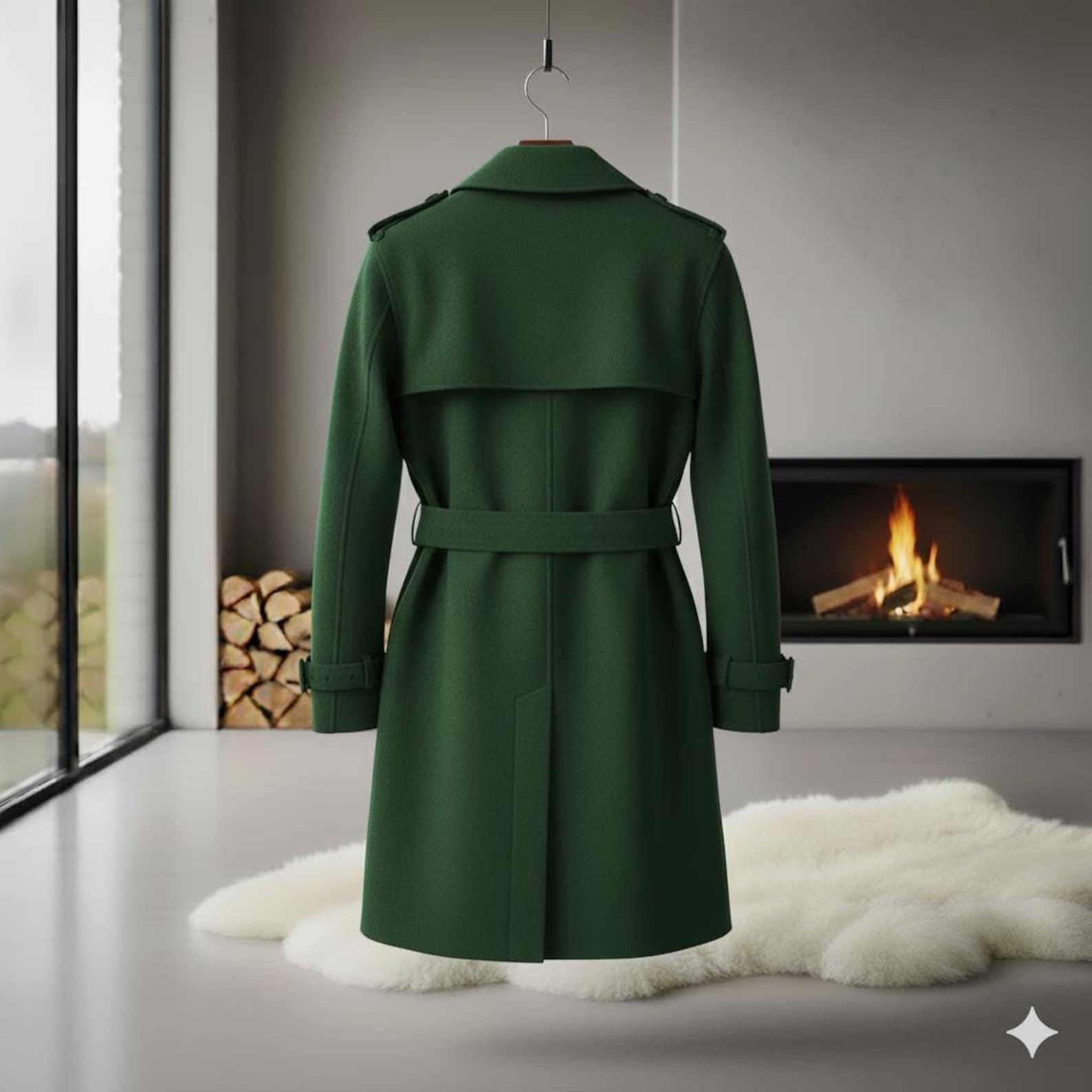 Vintage Style Green Suede Trench Coat  Long Belted Suede Overcoat for Women