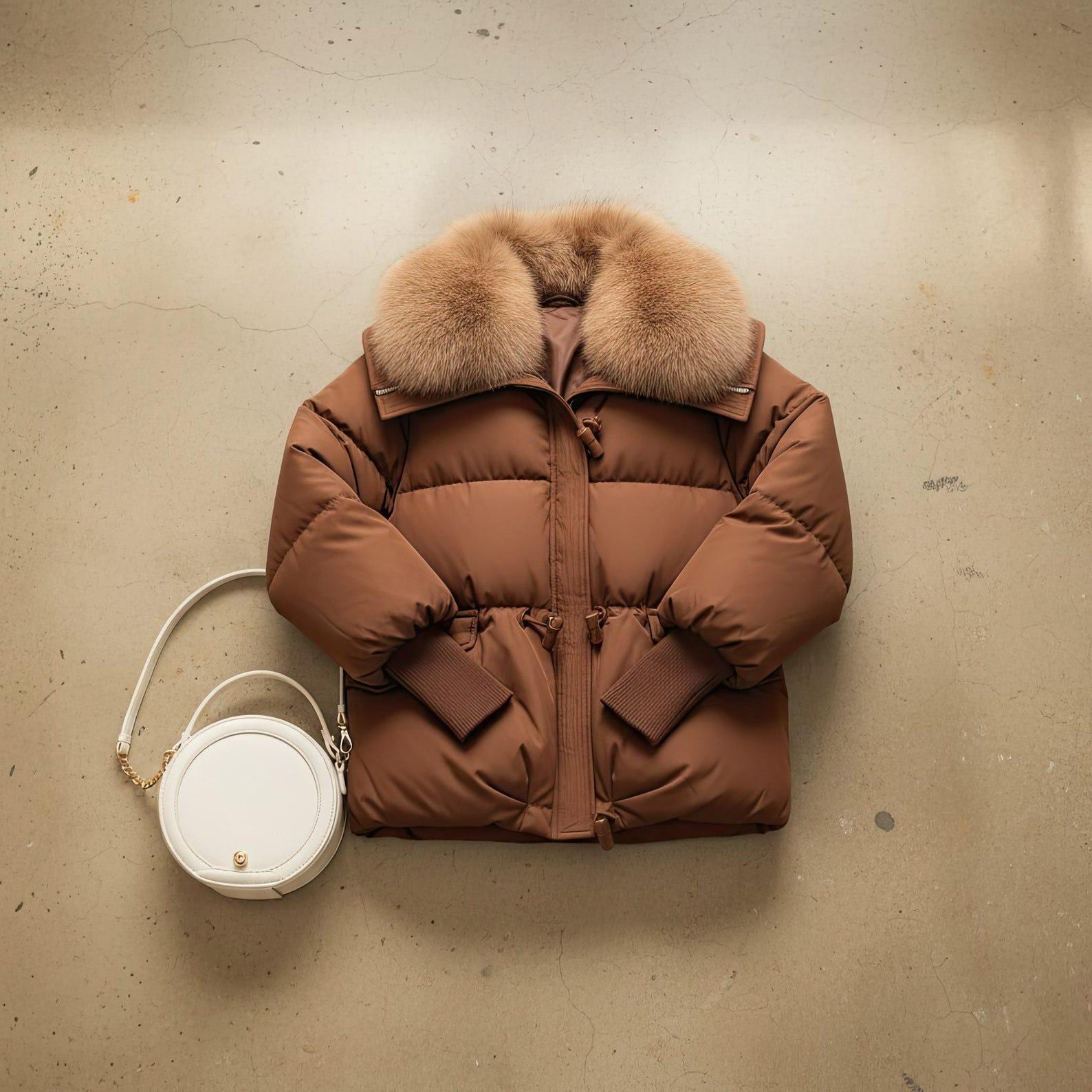 Brown Puffer Jacket - Faux Fur Collar, Winter Coat