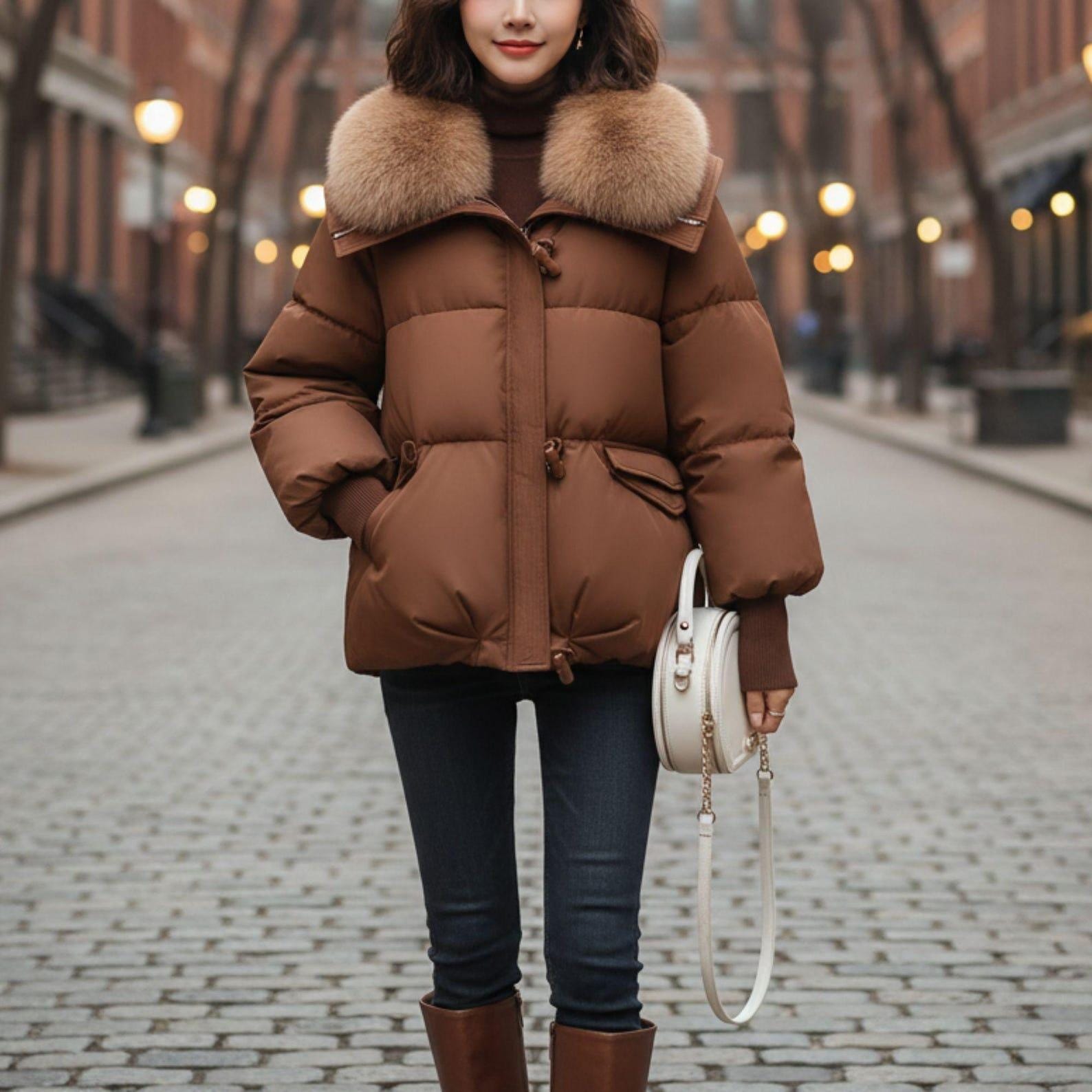 Brown Puffer Jacket - Faux Fur Collar, Winter Coat