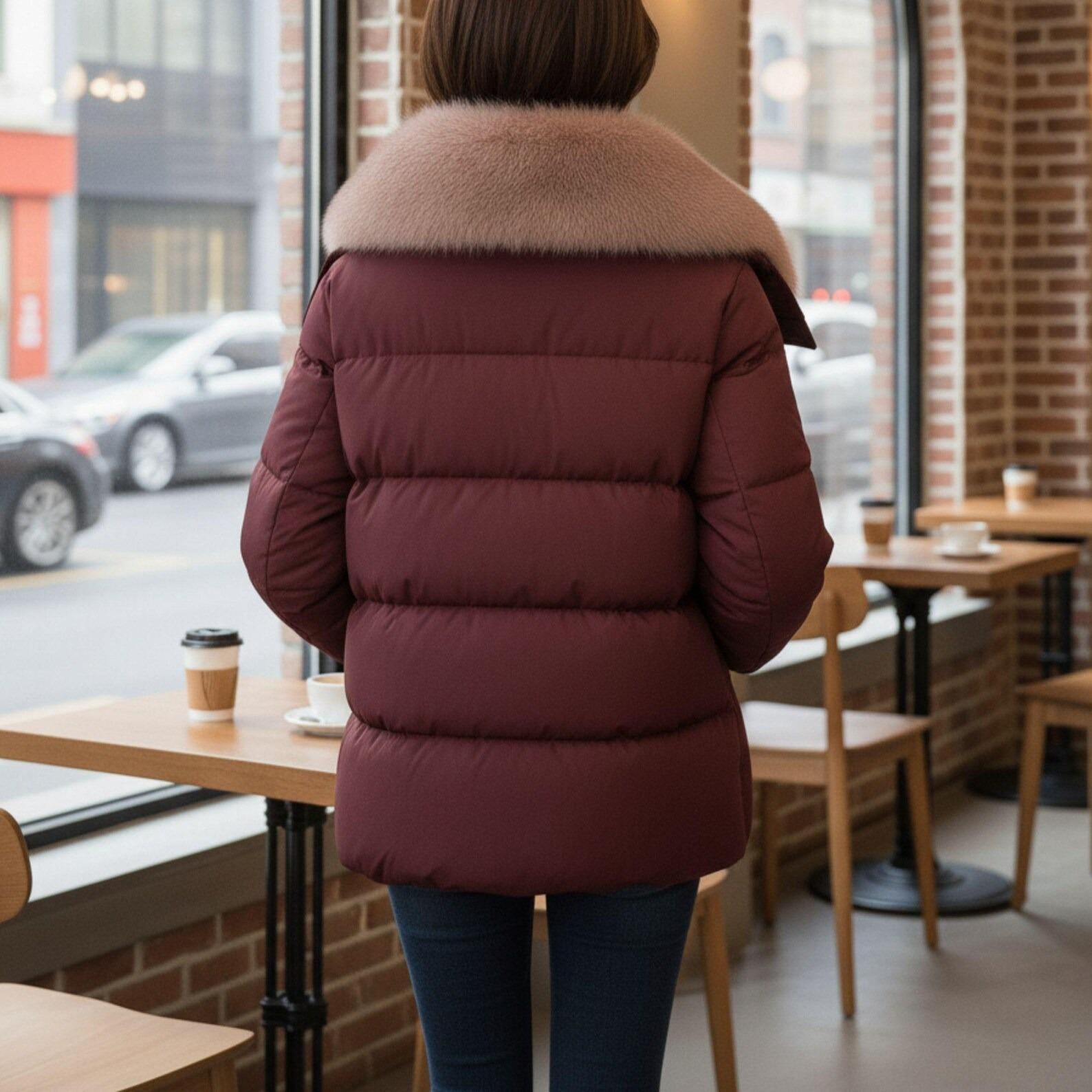 Brown Puffer Jacket with Faux Fur Collar – Women's Winter Coat