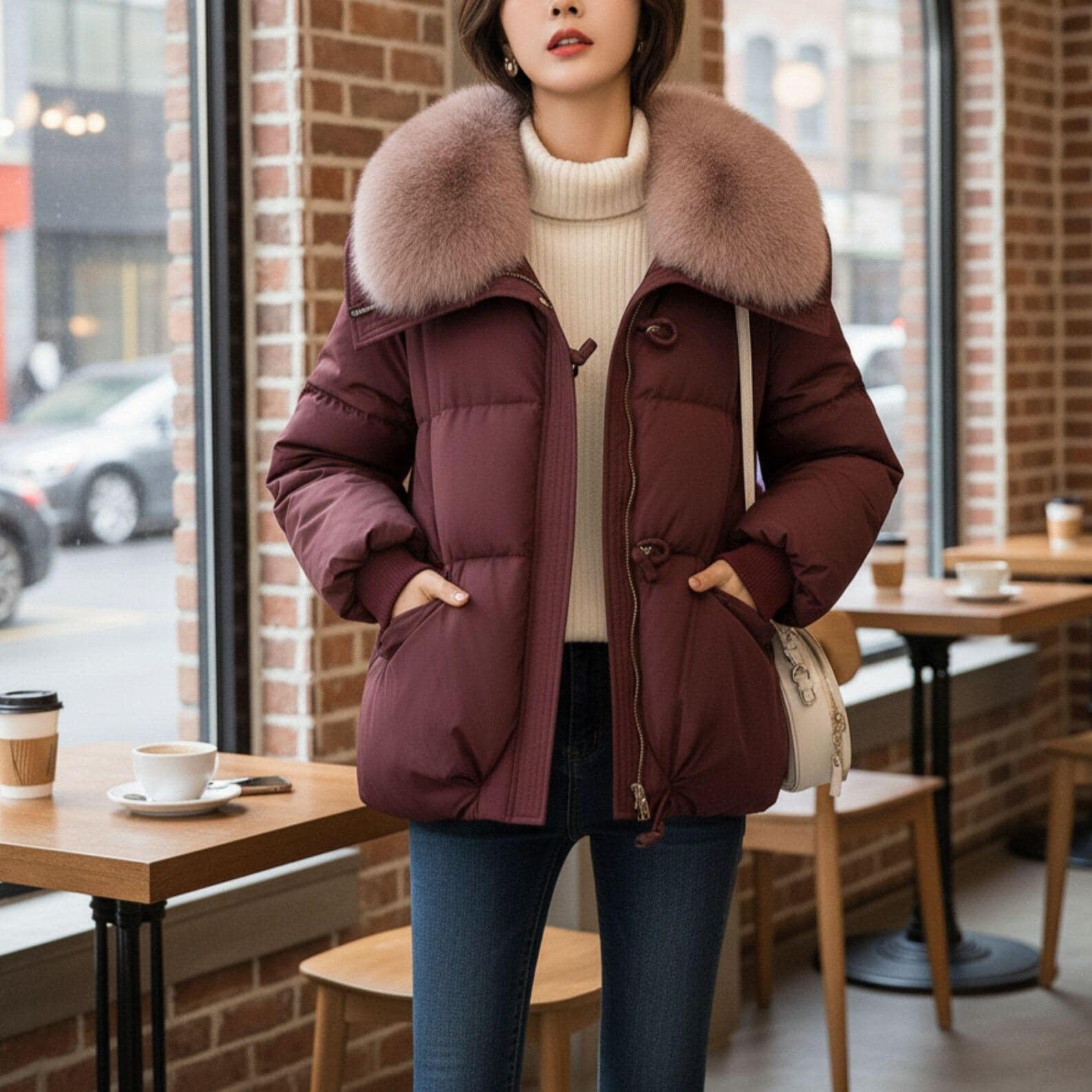 Brown Puffer Jacket with Faux Fur Collar – Women's Winter Coat