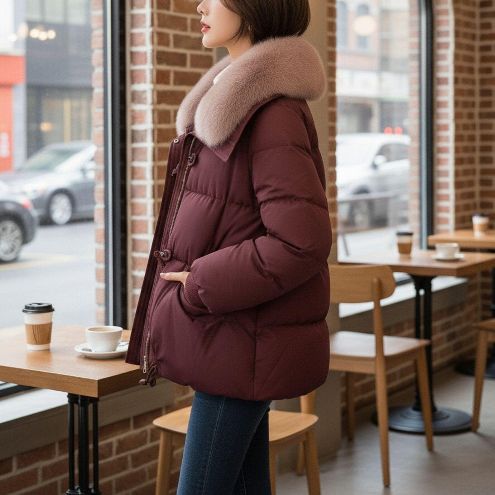 Brown Puffer Jacket with Faux Fur Collar – Women's Winter Coat