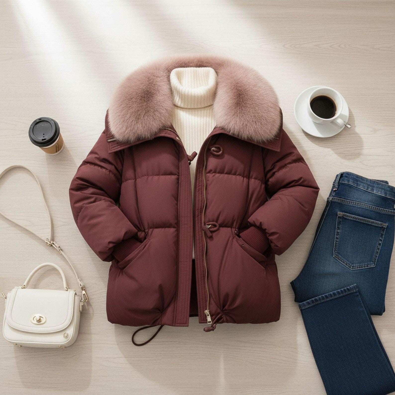 Brown Puffer Jacket with Faux Fur Collar – Women's Winter Coat