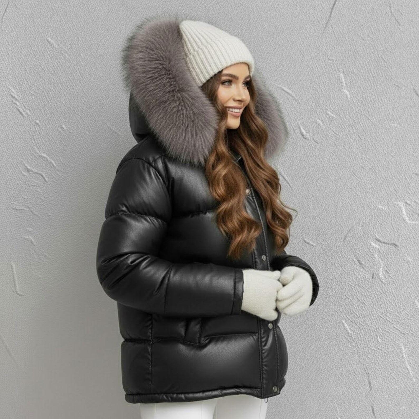 Black Puffer Jacket with Faux Fur Collar – Women's Winter Coat