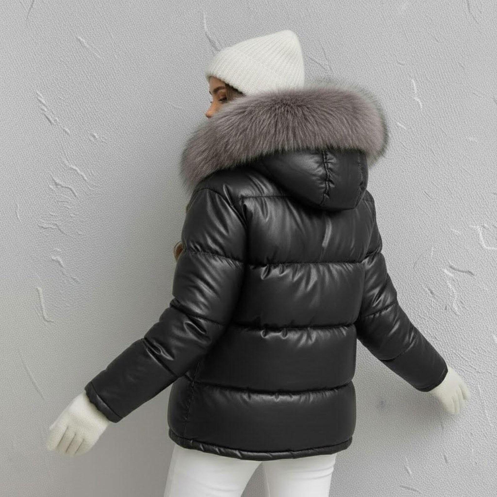 Black Puffer Jacket with Faux Fur Collar – Women's Winter Coat