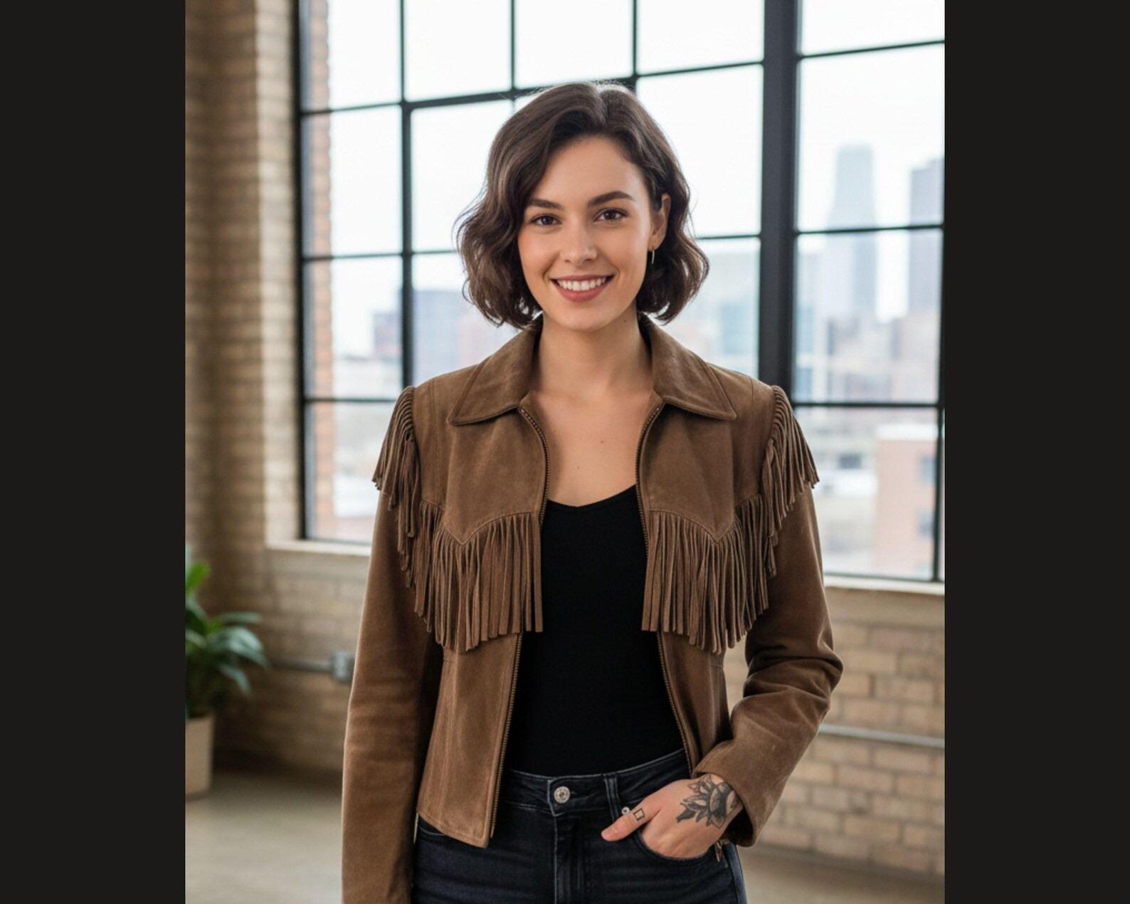 Brown Suede Fringe Leather Jacket: Women's Western Boho Festival Style