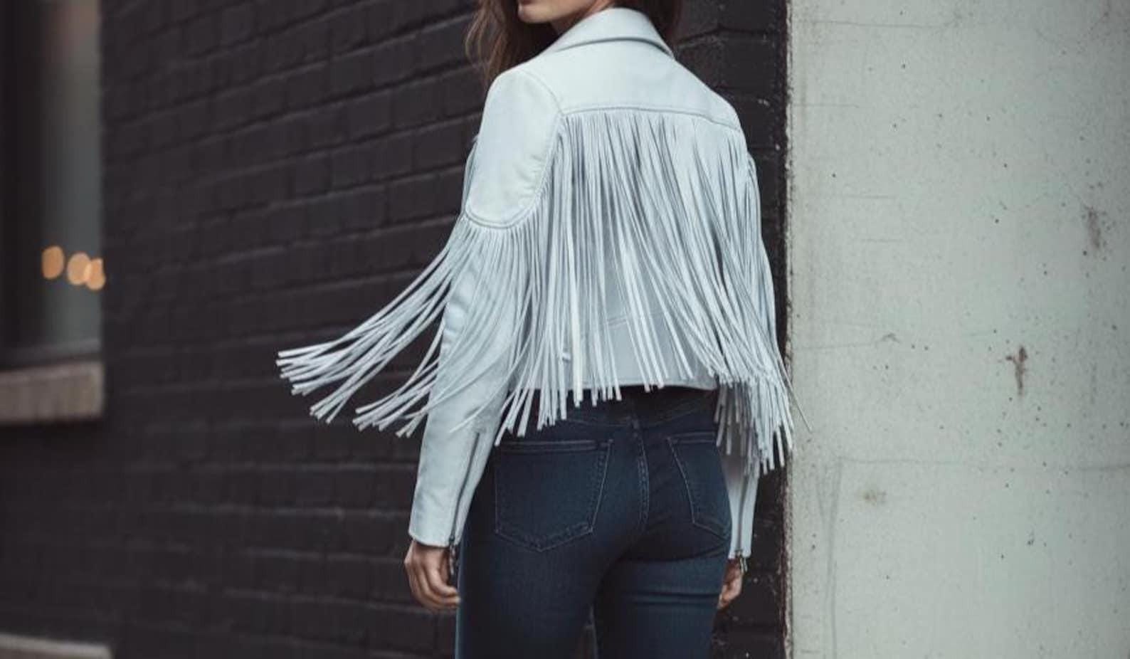 White Fringe Leather Jacket: Western Cowgirl Boho Festival Style