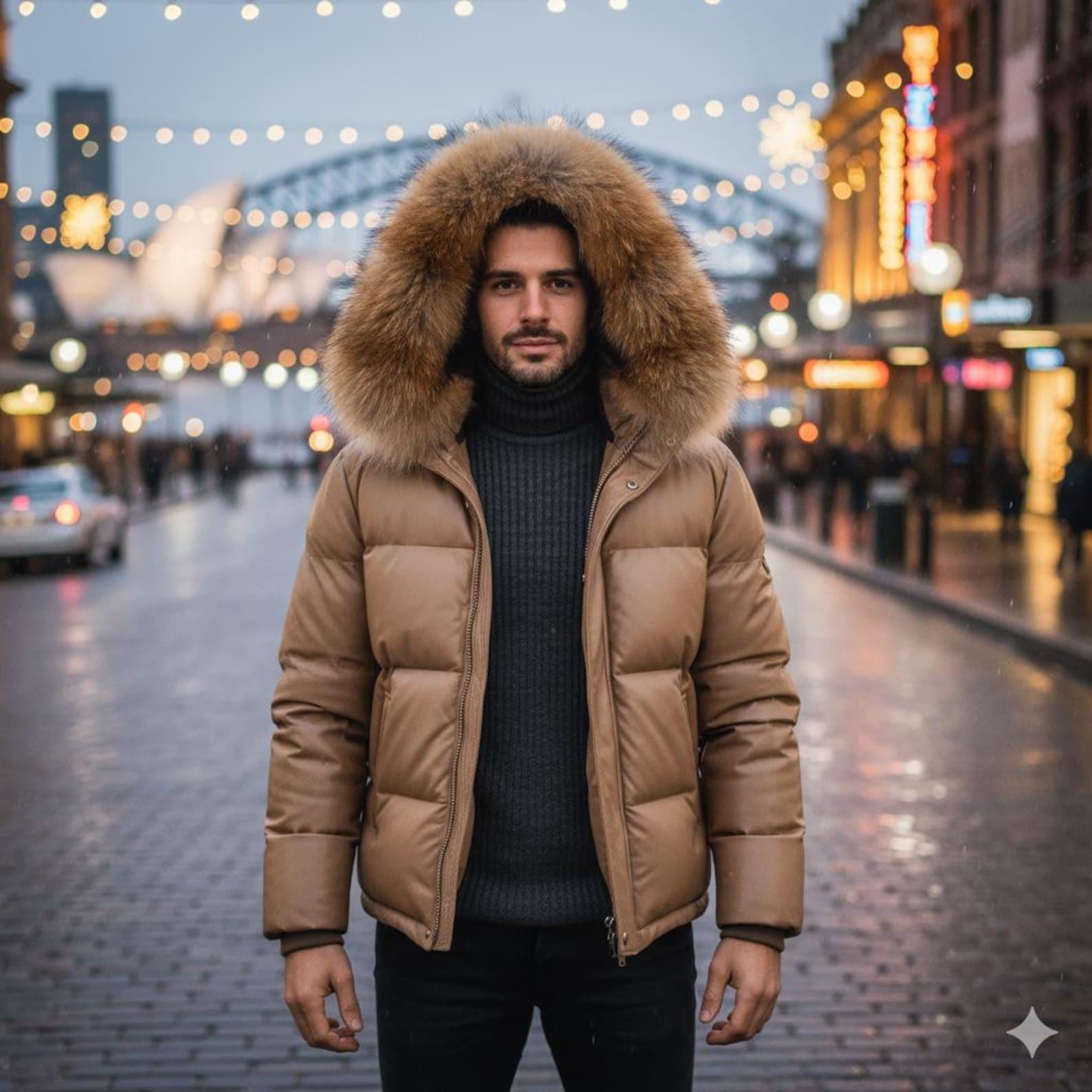 Men Brown Puffer Jacket – Faux Fur Collar, Warm Winter Coat