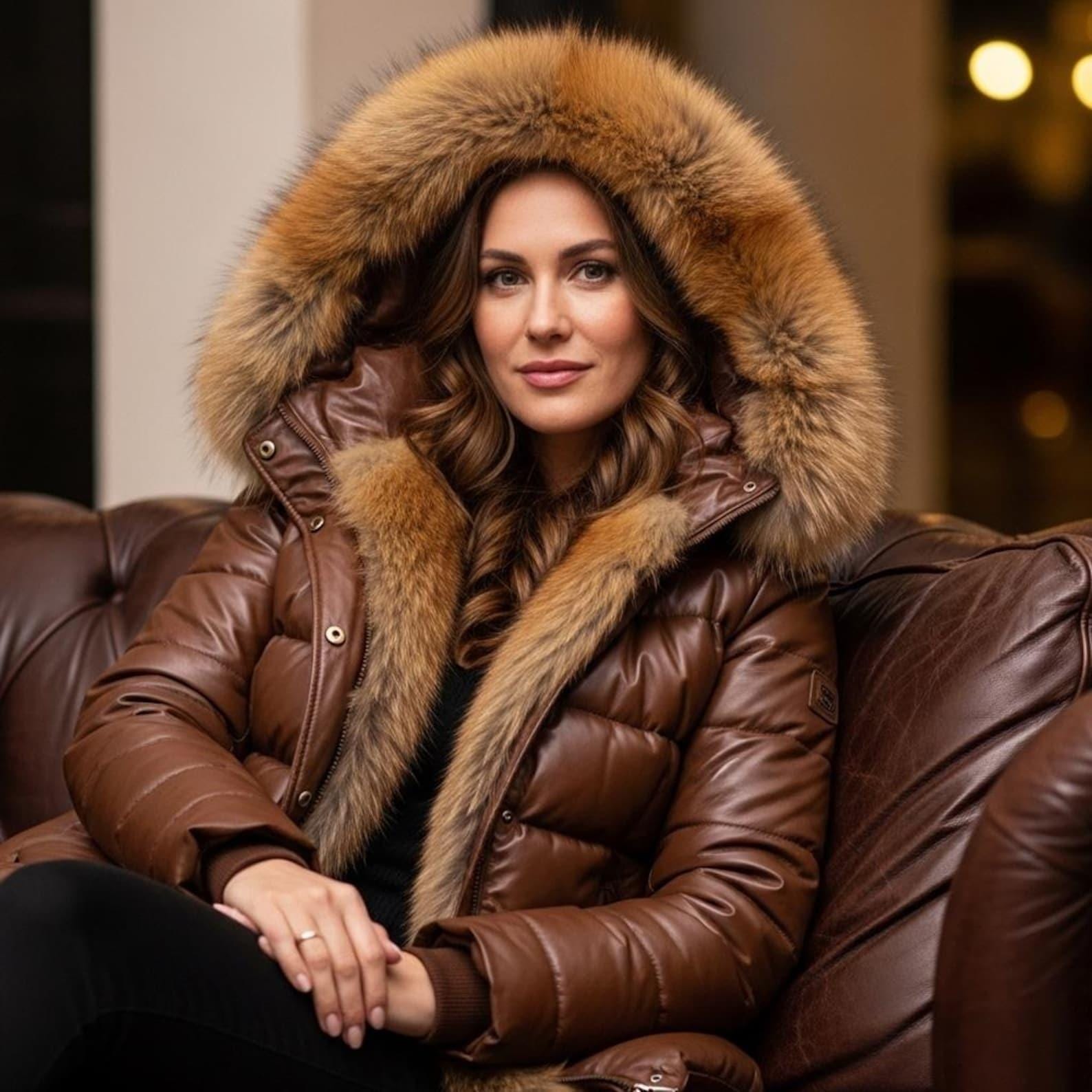 Women's Brown Puffer Jacket – Faux Fur Collar, Warm Winter Coat