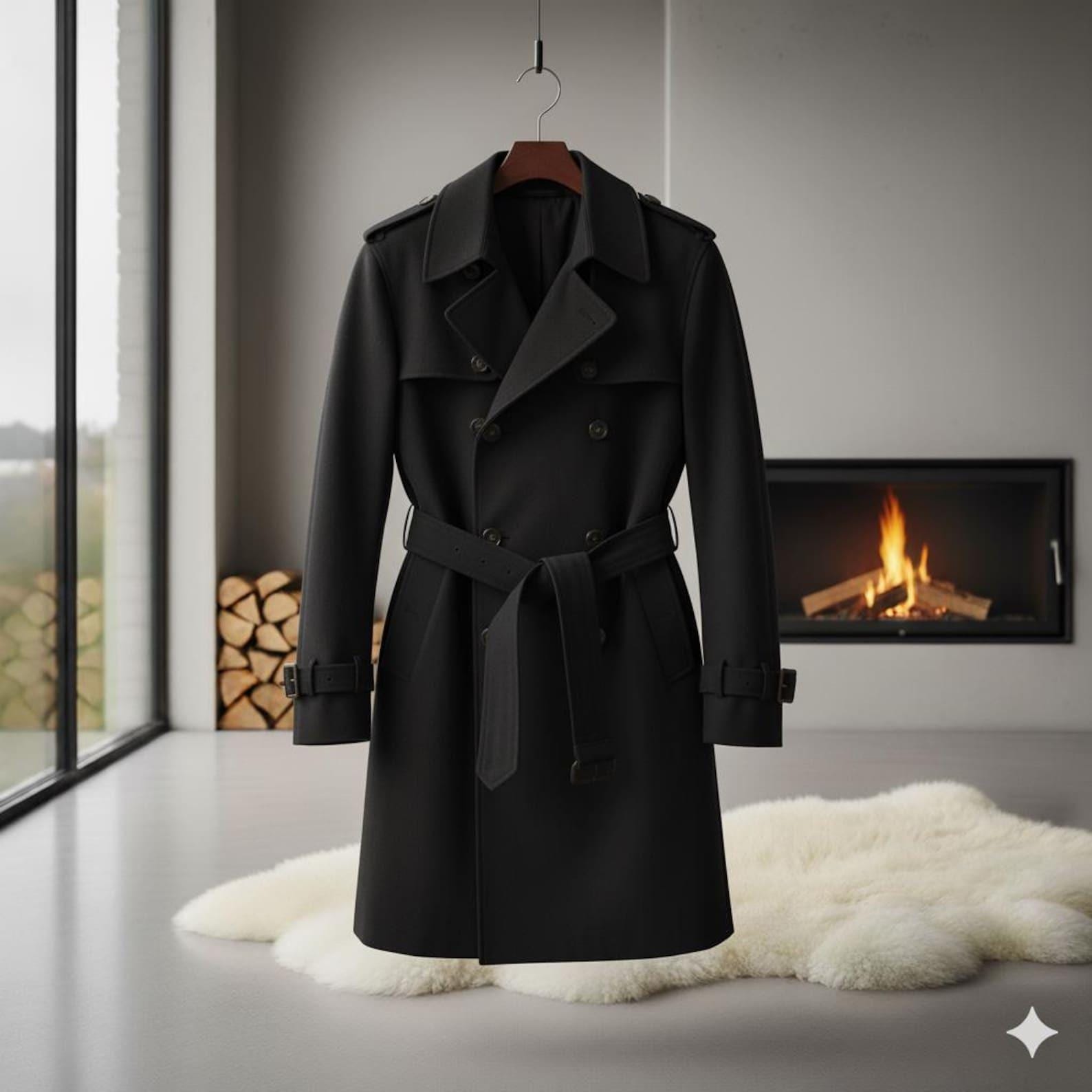 Vintage Style Black Suede Trench Coat  Long Belted Suede Overcoat for Women