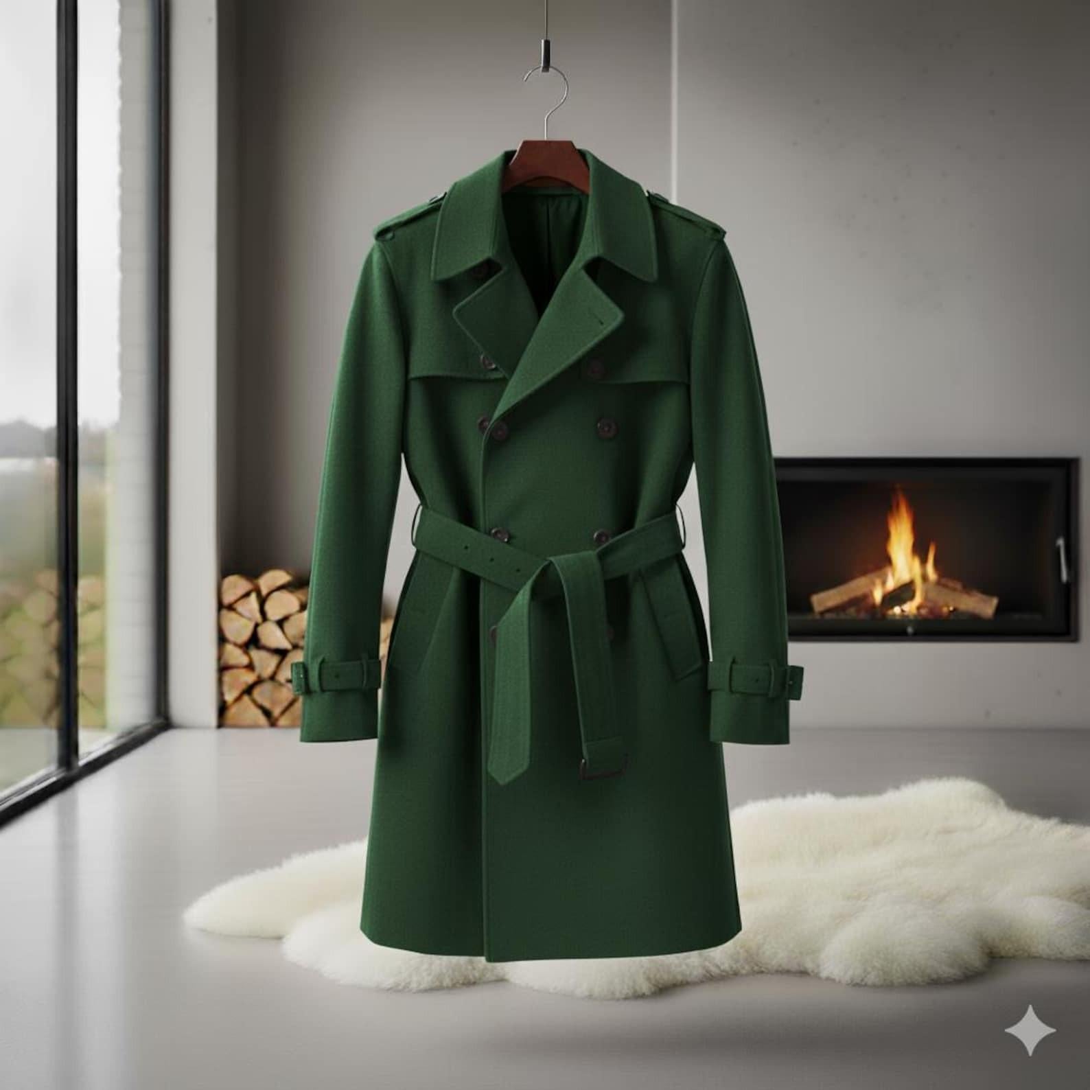 Vintage Style Green Suede Trench Coat  Long Belted Suede Overcoat for Women