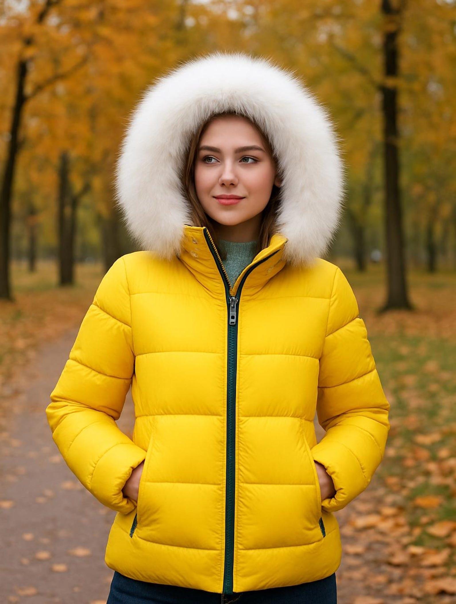 Women's Yellow Puffer Jacket – Faux Fur Collar, Warm Winter Coat
