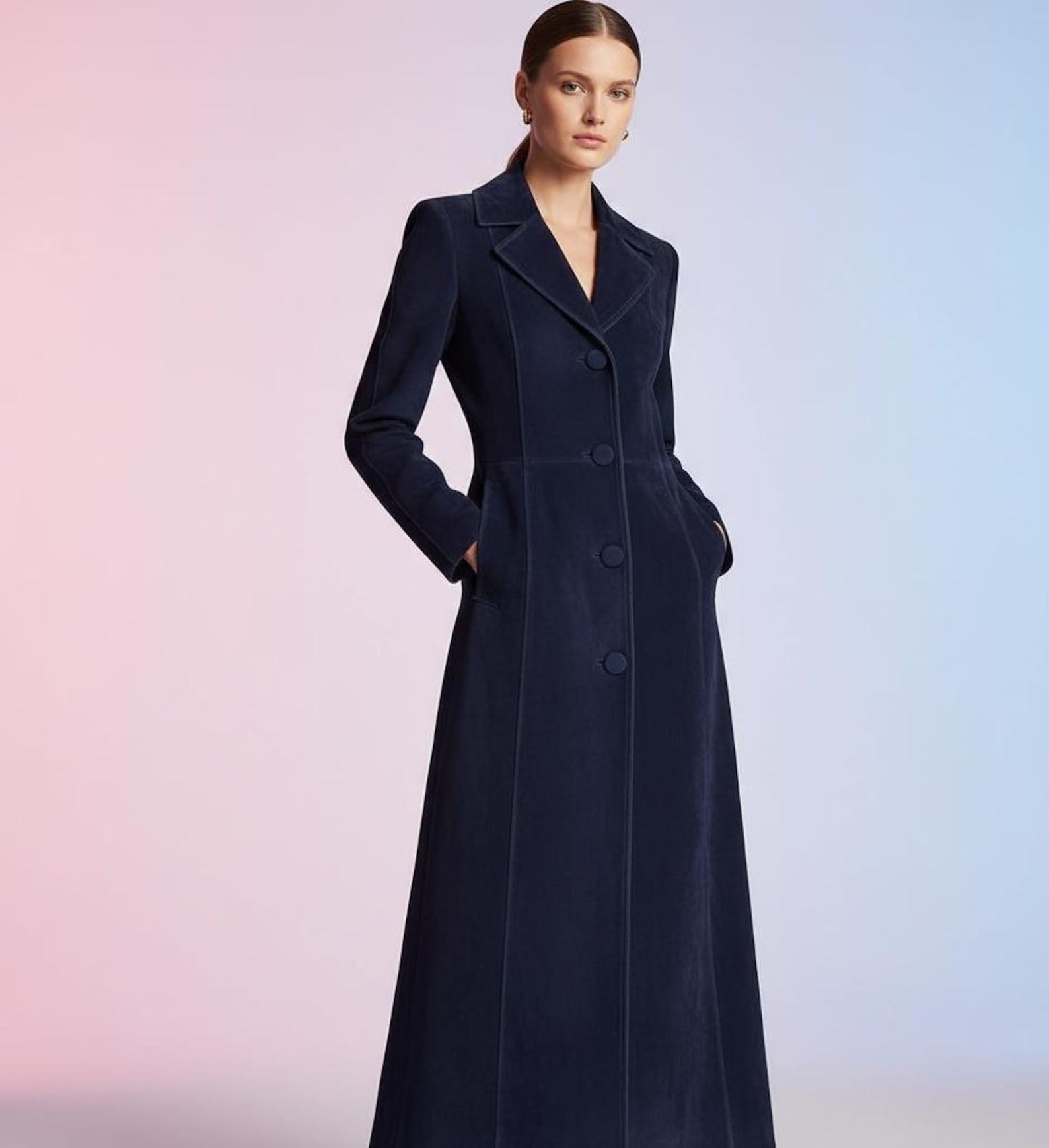 Vintage Style Blue Suede Trench Coat  Long Belted Suede Overcoat for Women