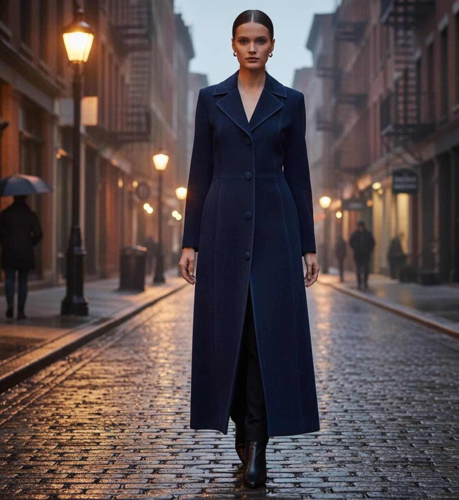 Vintage Style Blue Suede Trench Coat  Long Belted Suede Overcoat for Women