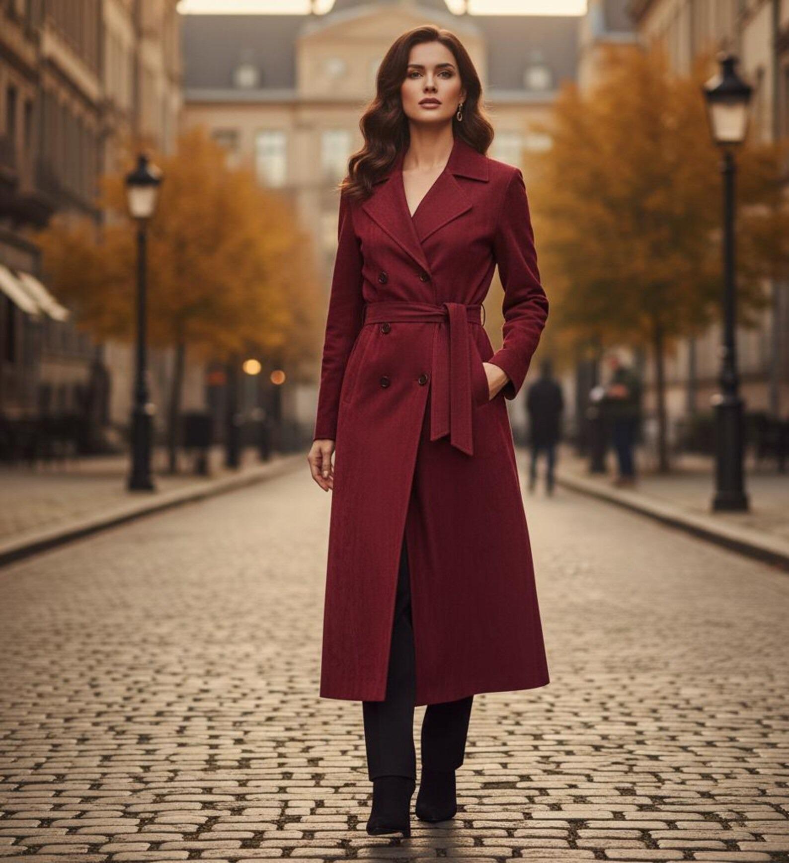 Vintage Style Red Suede Trench Coat  Long Belted Suede Overcoat for Women