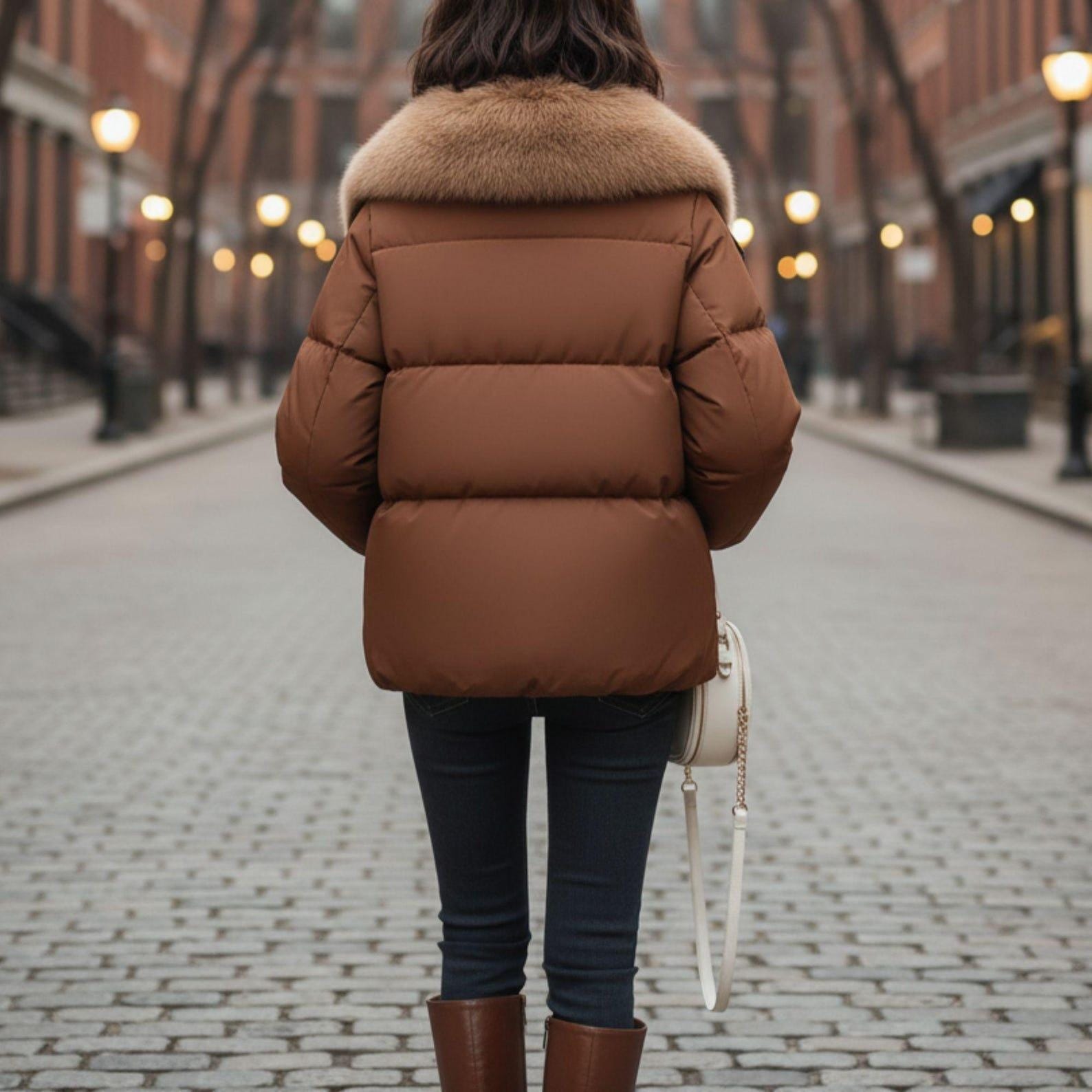 Brown Puffer Jacket - Faux Fur Collar, Winter Coat