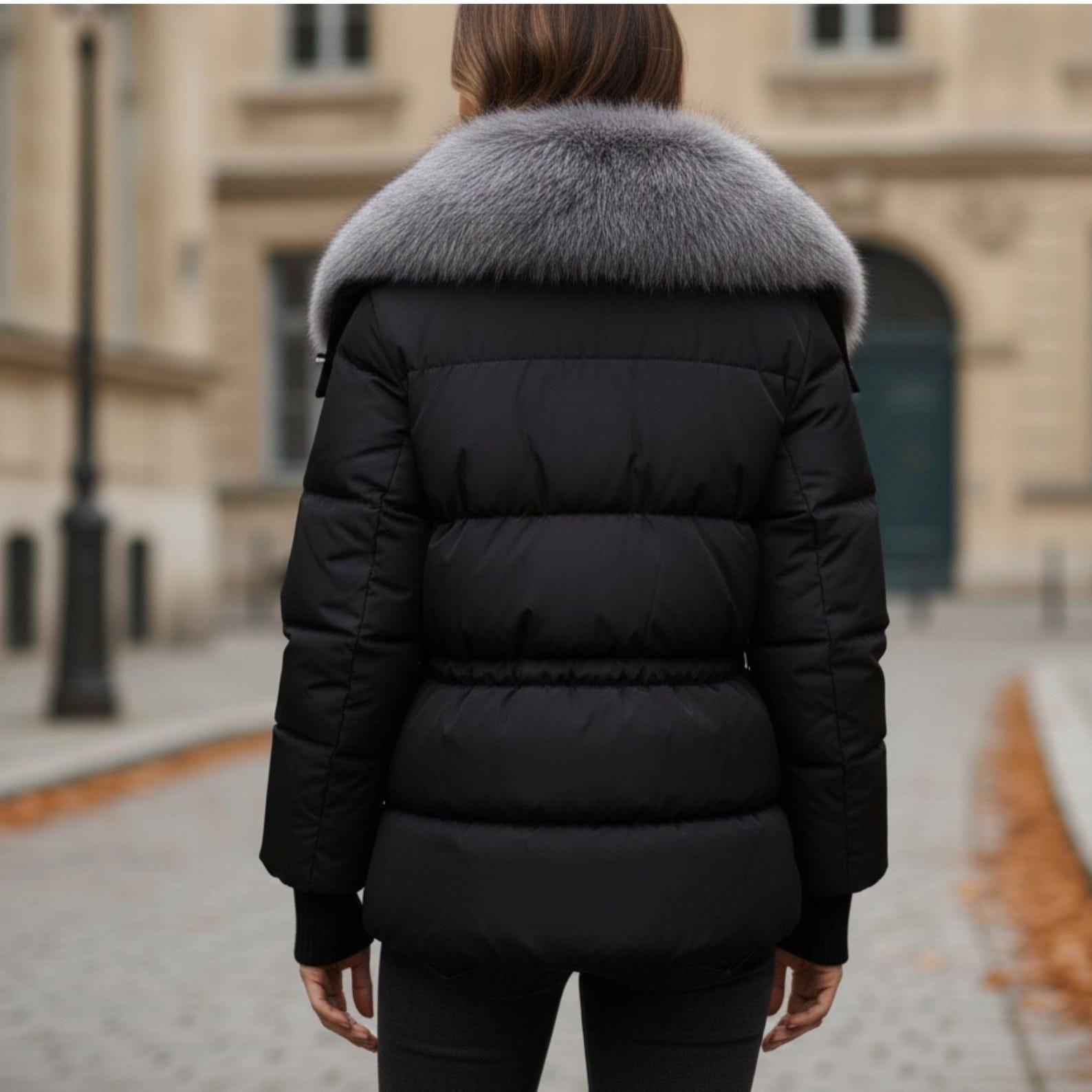 Women’s Black Puffer Jacket with Faux Fur Collar – Cozy Winter Coat, Warm Down Style Outerwear, Elegant Street Fashion