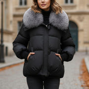 Women’s Black Puffer Jacket with Faux Fur Collar – Cozy Winter Coat, Warm Down Style Outerwear, Elegant Street Fashion