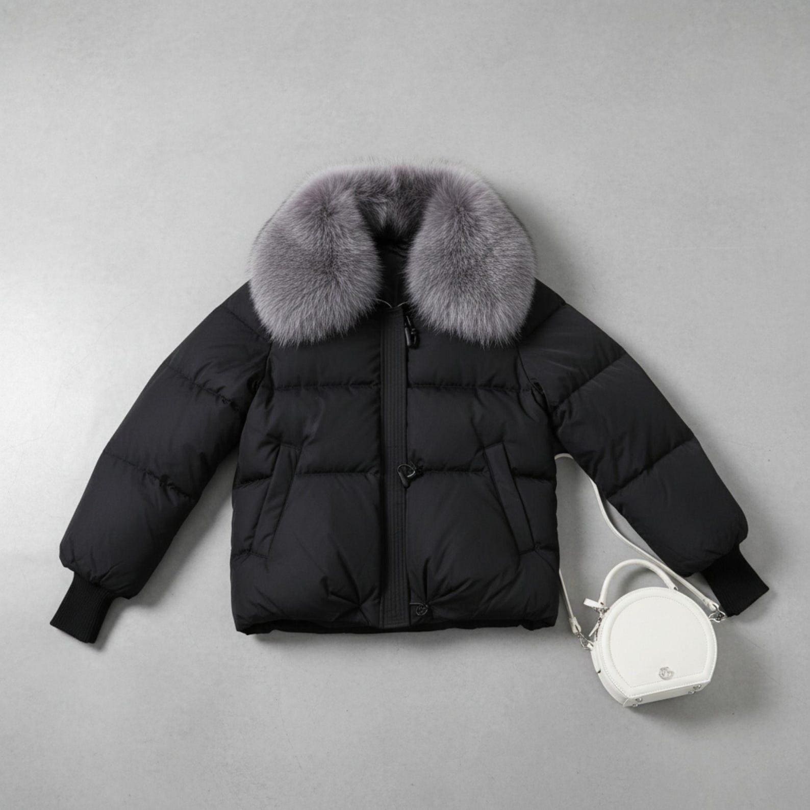 Women’s Black Puffer Jacket with Faux Fur Collar – Cozy Winter Coat, Warm Down Style Outerwear, Elegant Street Fashion