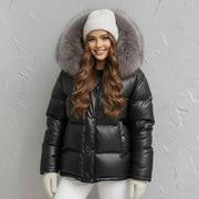 Black Puffer Jacket with Faux Fur Collar – Women's Winter Coat