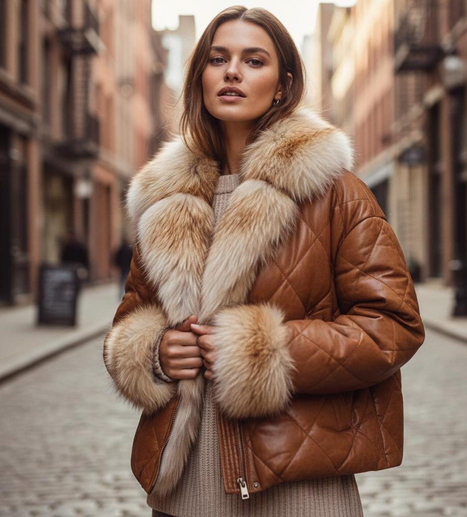 Brown Puffer Jacket – Women's Faux Fur Collar Winter Coat