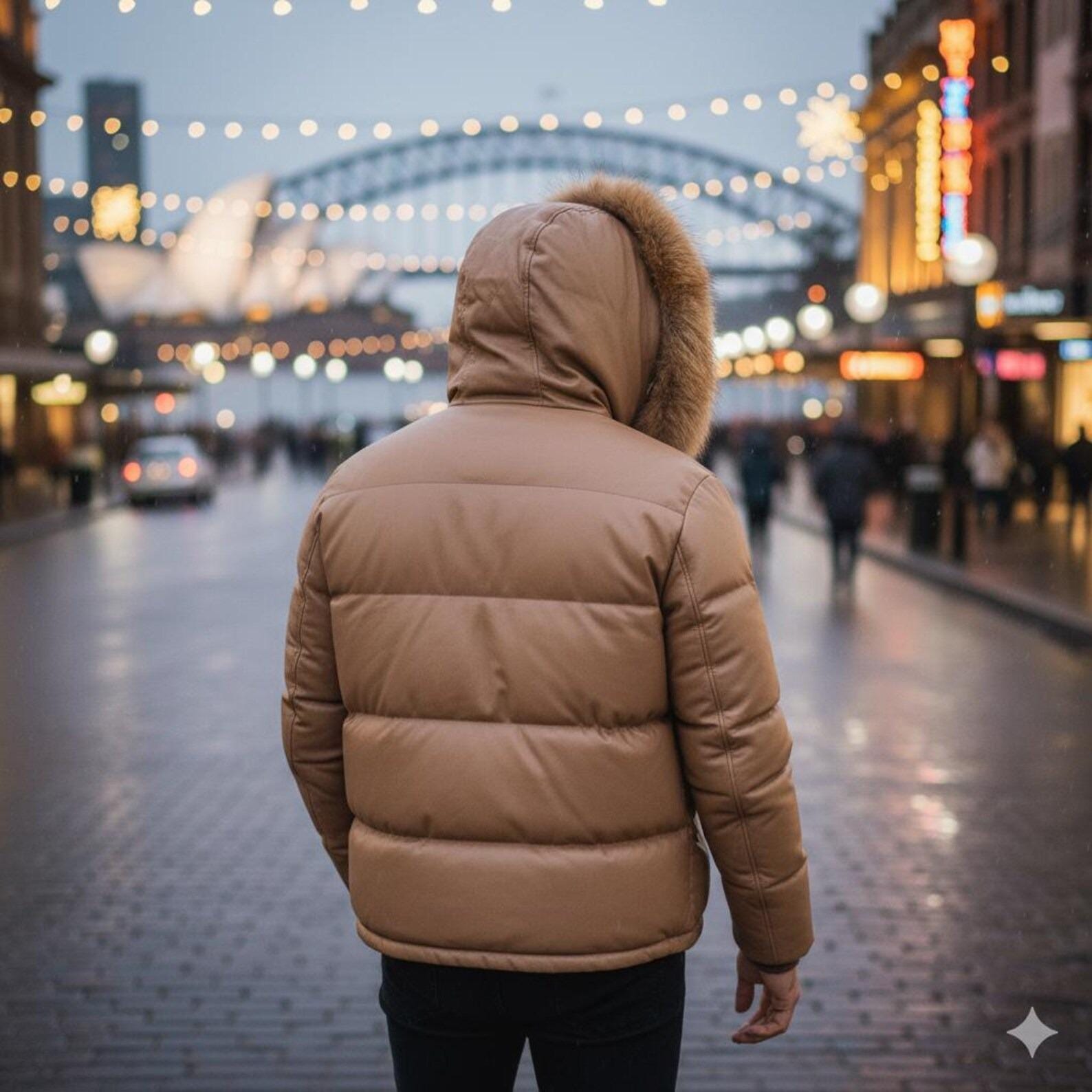 Men Brown Puffer Jacket – Faux Fur Collar, Warm Winter Coat