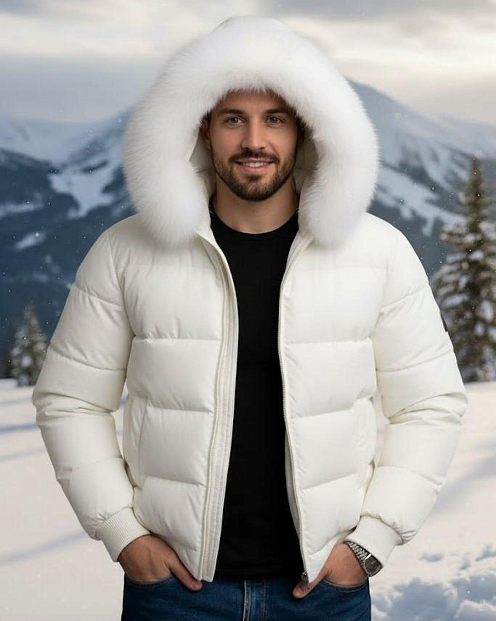 Men White Puffer Jacket – Faux Fur Collar, Warm Winter Coat