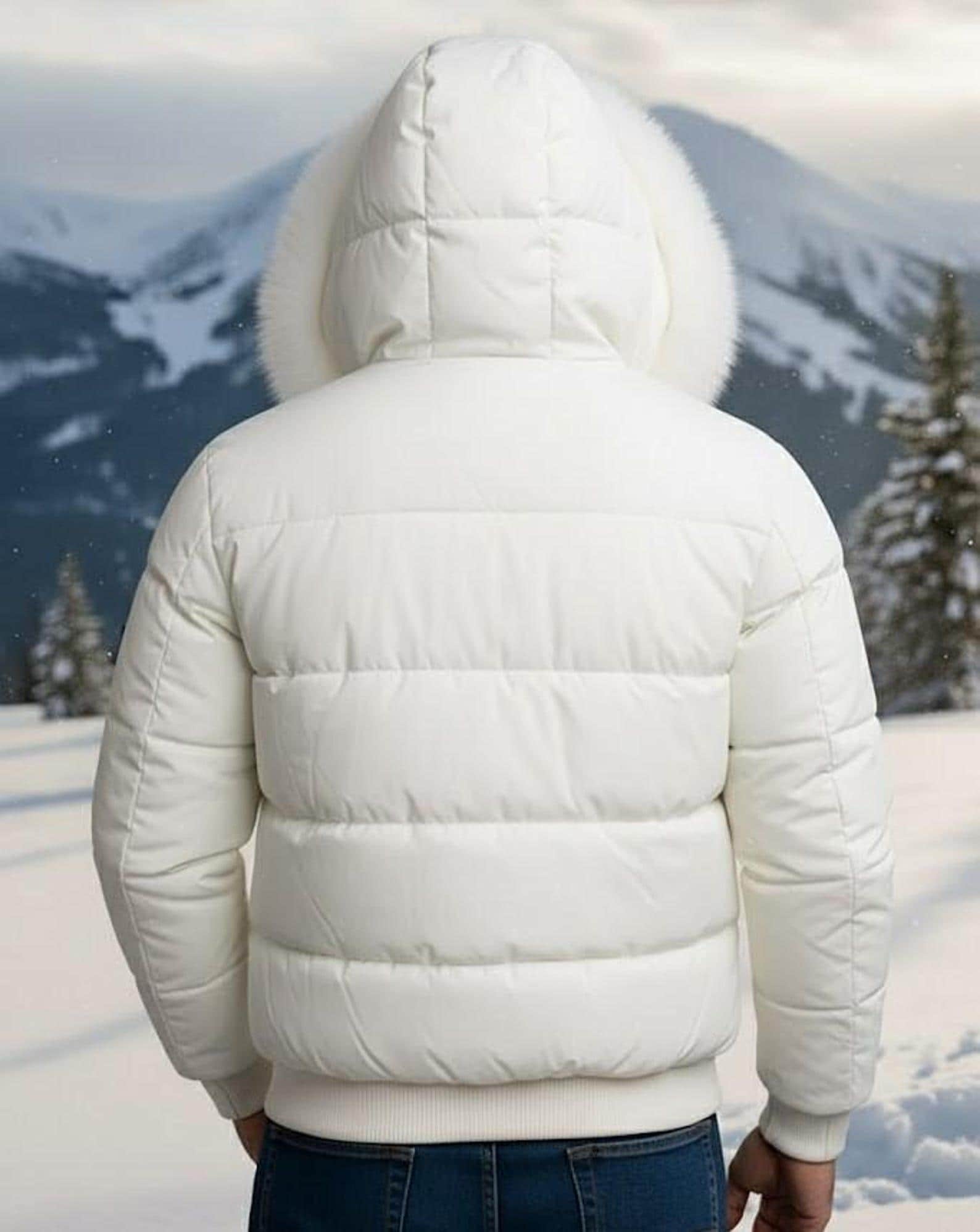 Men White Puffer Jacket – Faux Fur Collar, Warm Winter Coat