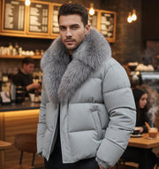 Men Gray Puffer Jacket – Faux Fur Collar, Warm Winter Coat