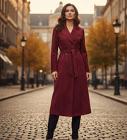 Vintage Style Red Suede Trench Coat  Long Belted Suede Overcoat for Women