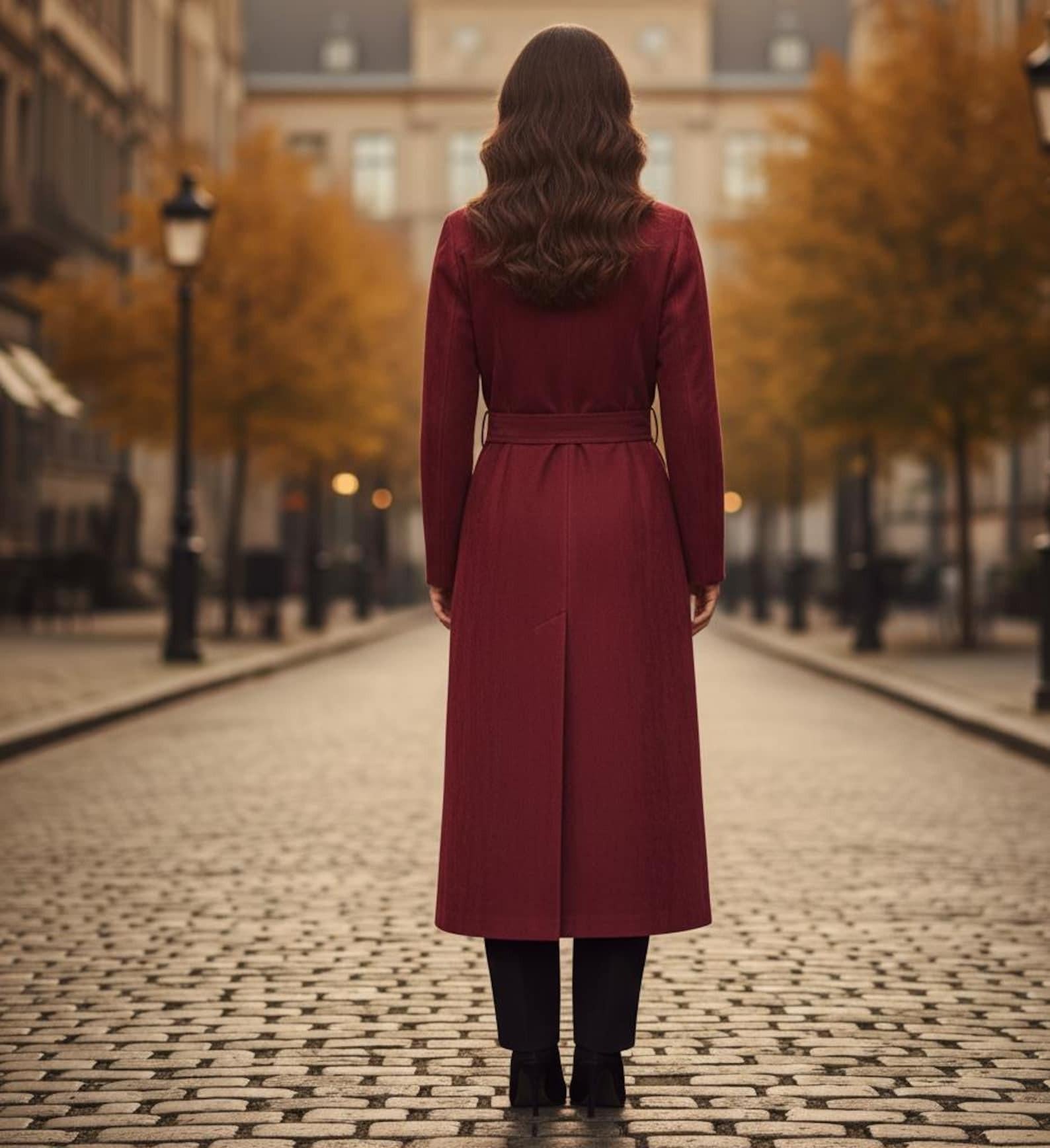 Vintage Style Red Suede Trench Coat  Long Belted Suede Overcoat for Women