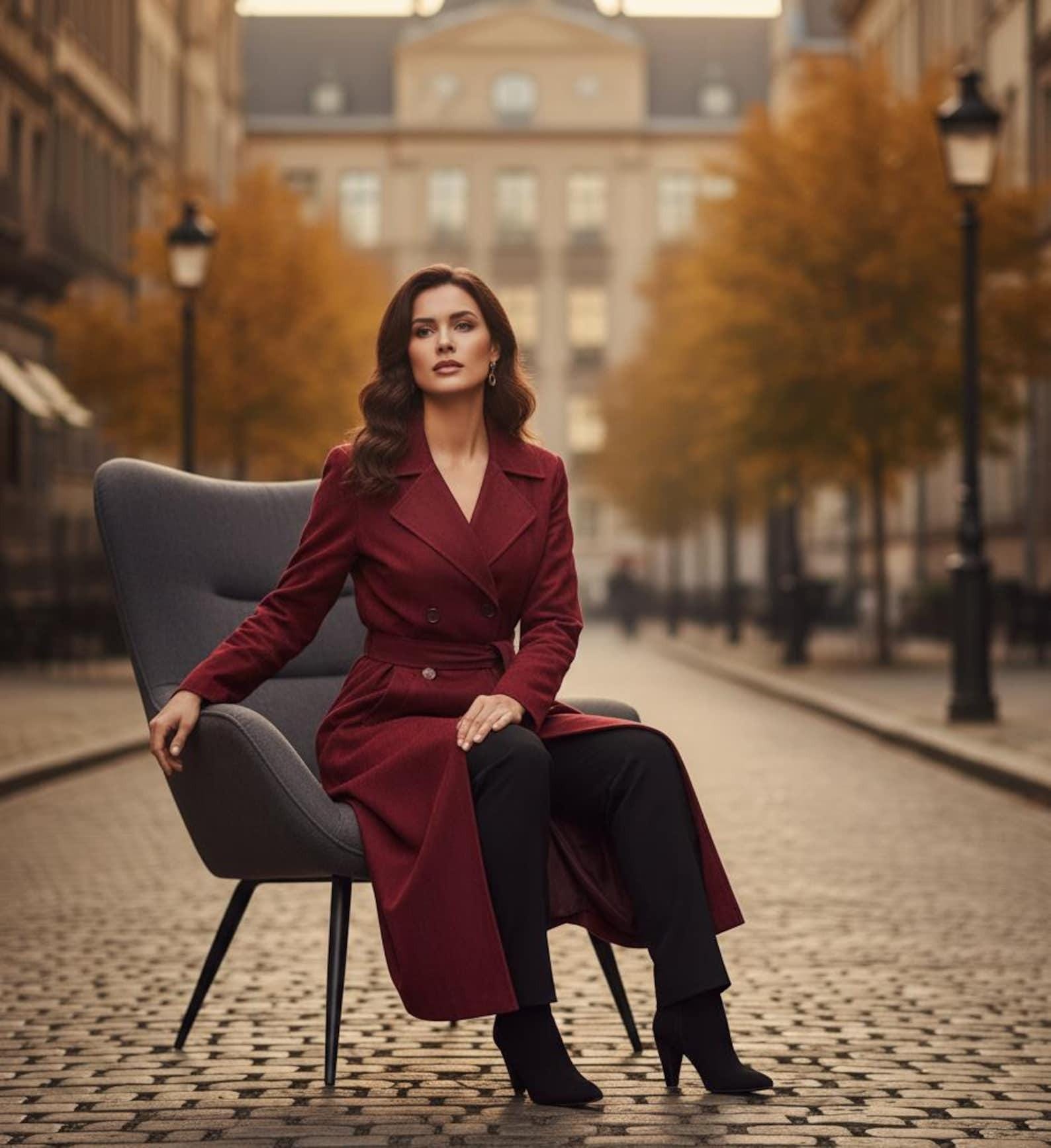 Vintage Style Red Suede Trench Coat  Long Belted Suede Overcoat for Women